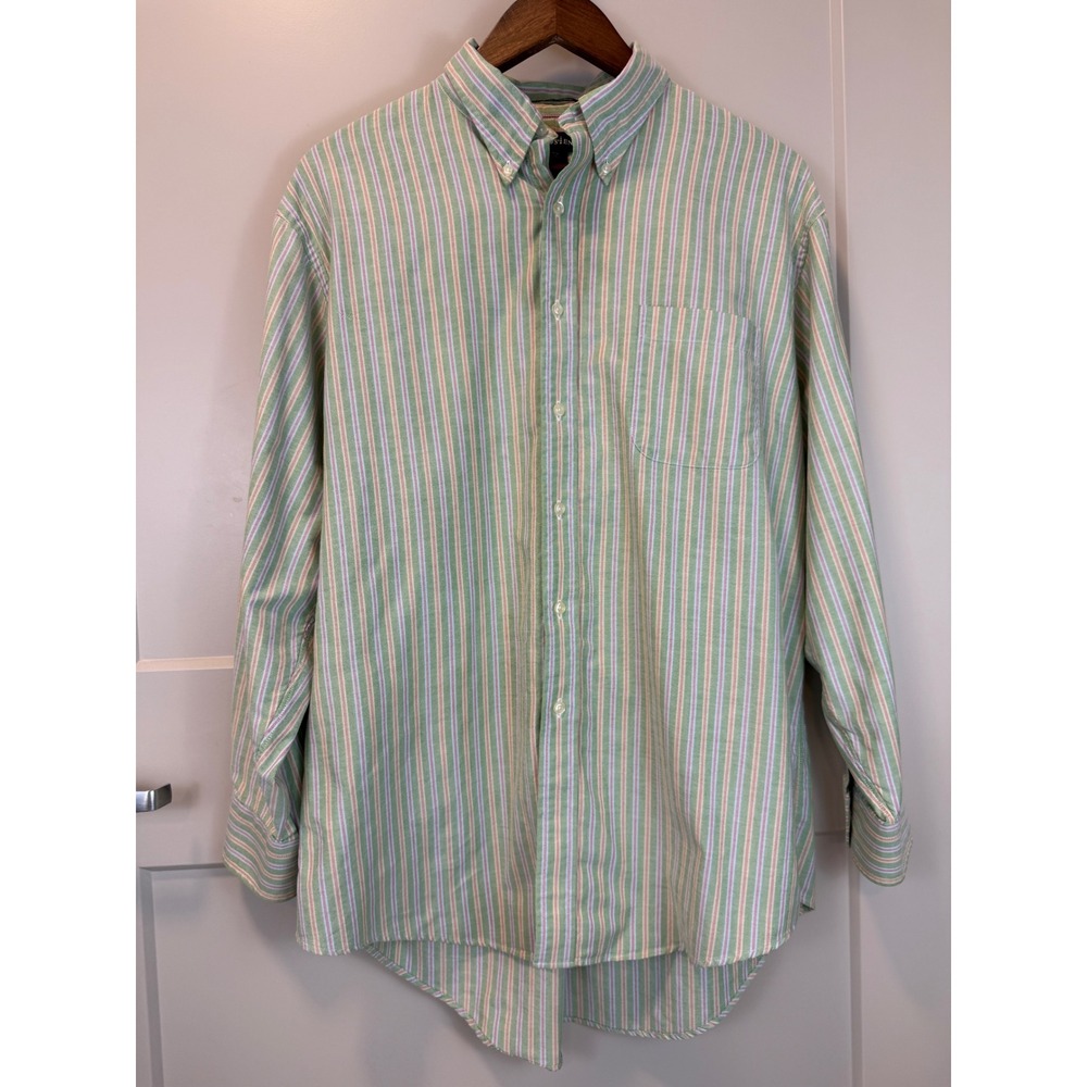 Lands' End Original Oxford Button Down Shirt Size 16.5 / 32 Green Pink Stripe - Picture 1 of 8
